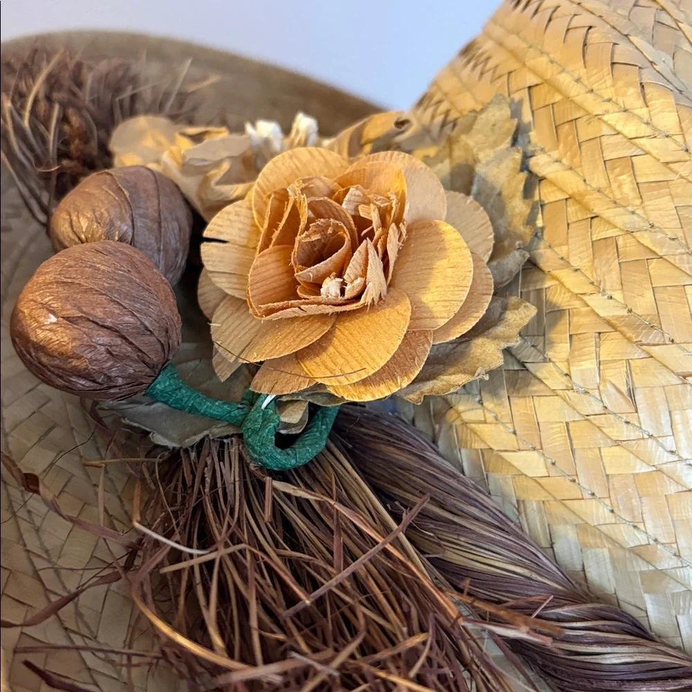Made in Philippines Straw Wide Brim Hat With Rustic Floral Detail Cottagecore OS